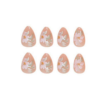 24-Piece Nude Floral Almond Press-On Nails – Glossy Pink False Nails with White Daisy Design | Reusable Stick-On Nail Set