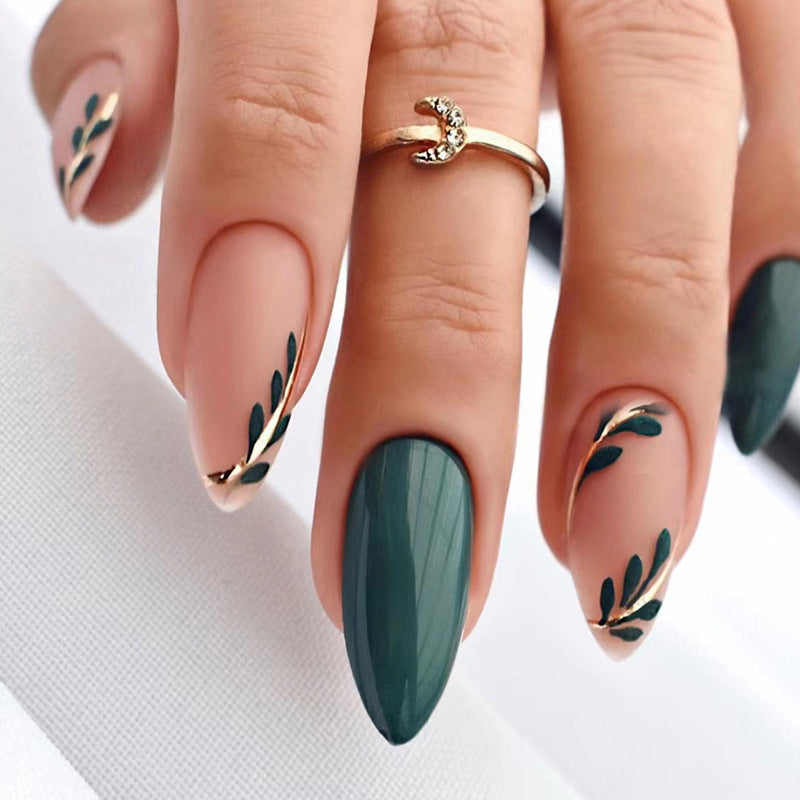 Stiletto Shape, 24 Pieces, Forest Green and Peach with Floral Design, Press on Nails