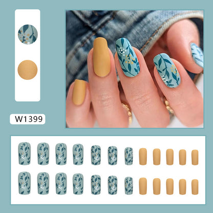 Sage Blue Botanical Press-On Nails – Matte Oval Floral Nail Set (Set of 24)