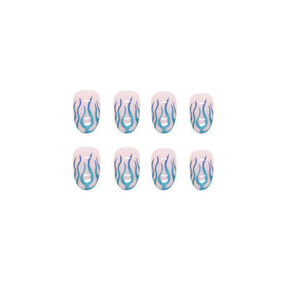Teal Flame Almond Press On Nails – 24 Piece Metallic Flame French Tip Nail Set