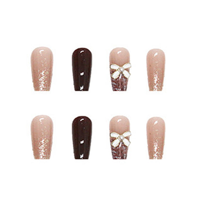 Chocolate Glam Coffin Press-On Nails – Brown Glitter Bow Accent Nail Set (Set of 12)