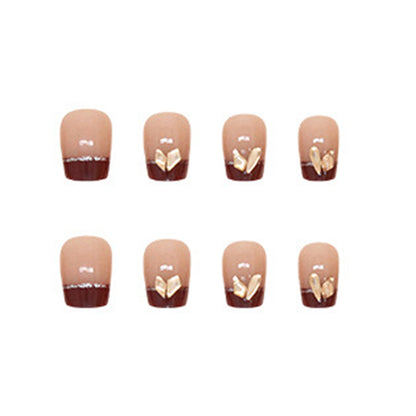 Burgundy French Tip Gold Leaf Press-On Nails – 12 Piece Glossy Short Oval Nail Set