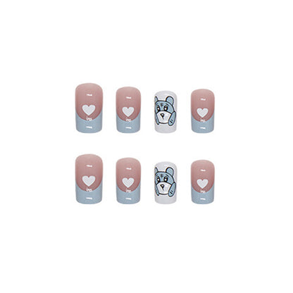 Baby Blue French Tip Square Press-On Nails – Cute Teddy Bear & Heart Nail Set (Set of 24)
