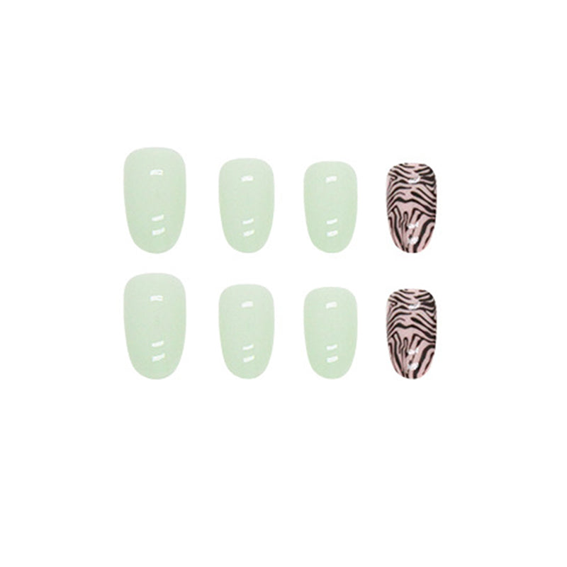 Zebra Print Set, Mint Green and Black Pattern, Almond Shape, Press-On Nails