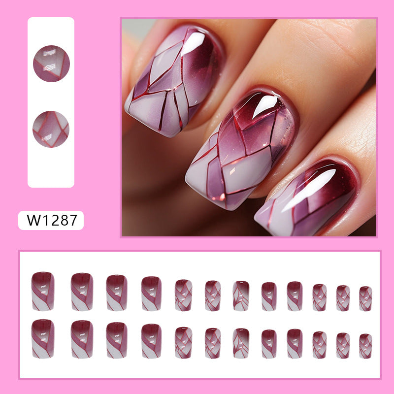 Geometric Nail Art Stickers, Burgundy Ombre Design, Self-Adhesive Nail Decals, Press on Nails