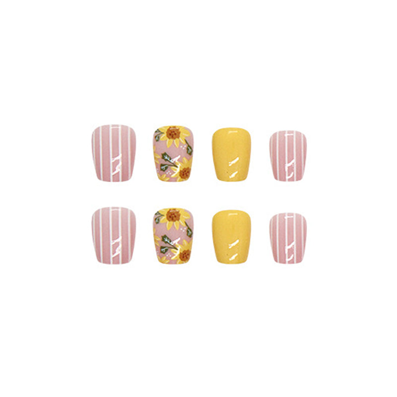 Summer Floral Nail Art Design, Yellow and Pink Manicure Set with Sunflower Pattern, Striped Accent, Press on Nails