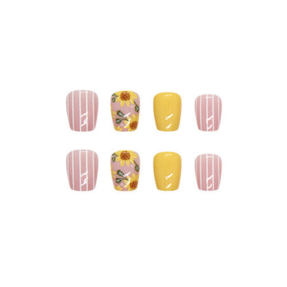Sunny Yellow Sunflower Square Press-On Nails – Glossy Floral Short Nail Set (Set of 24)