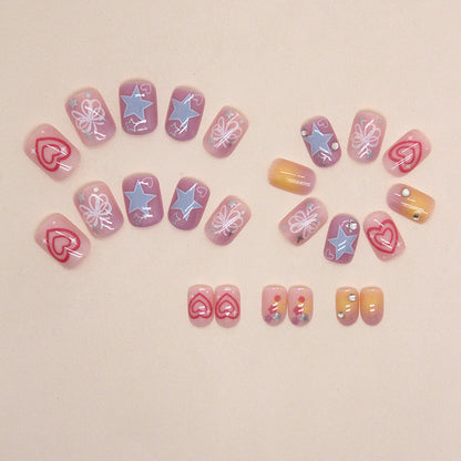 Short Square Press-On Nail Set – Pastel Purple Star & Floral Kawaii Nails | Glossy Reusable False Nails (Set of 12)