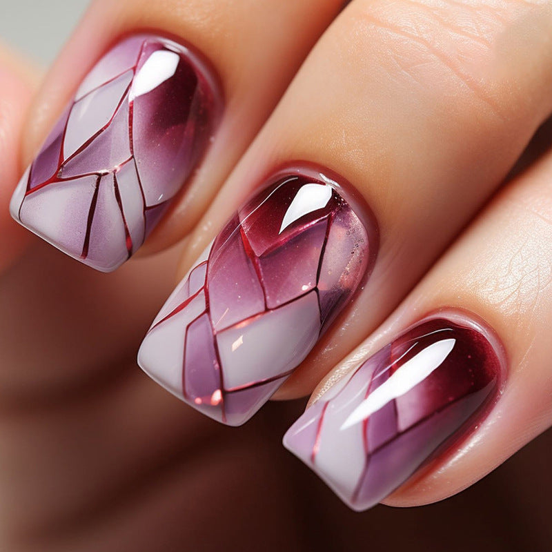 Geometric Nail Art Stickers, Burgundy Ombre Design, Self-Adhesive Nail Decals, Press on Nails