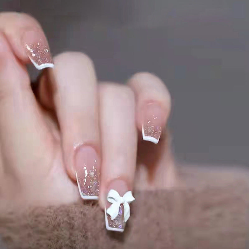 French Tip with White Bow and Glitter Design, 12 Pieces, Press-On Nails