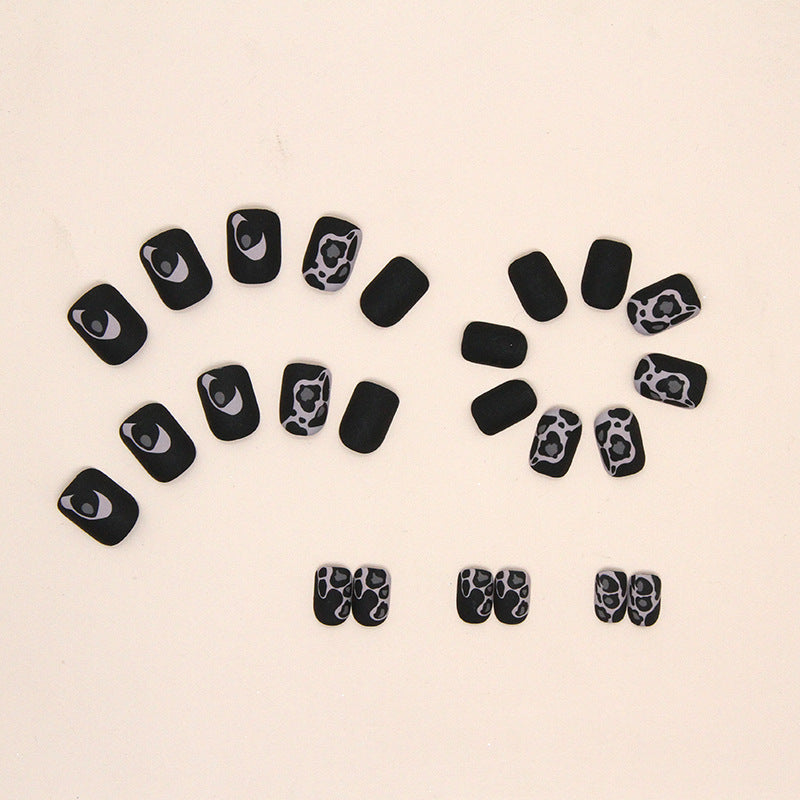 Matte Black with Leopard Print Design, 24 Pieces, Press-On Nails