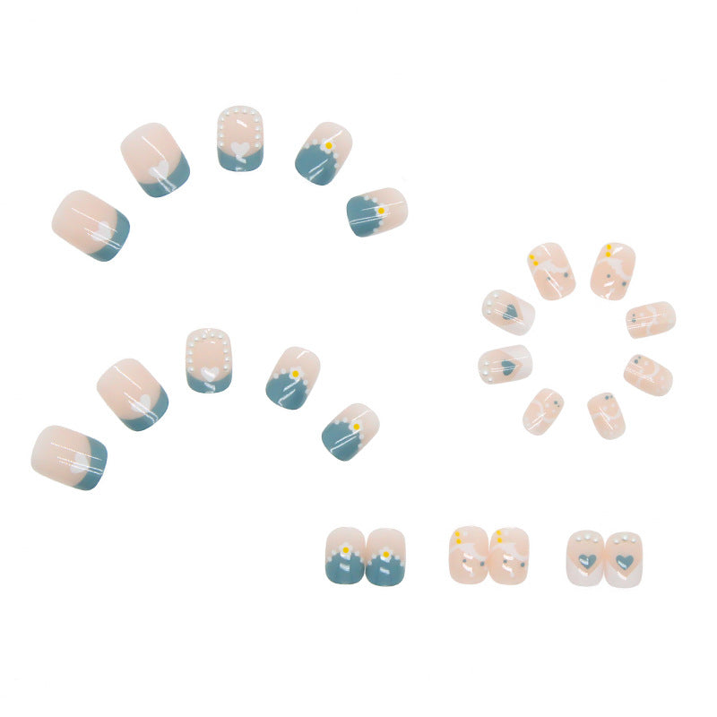 Pearl Design with Blue French Tips, Elegant Floral Pattern, Artificial Press-On Nails