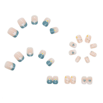 Blue Floral Pearl Press-On Nails with Heart Accents | Set of 12 Reusable Nails