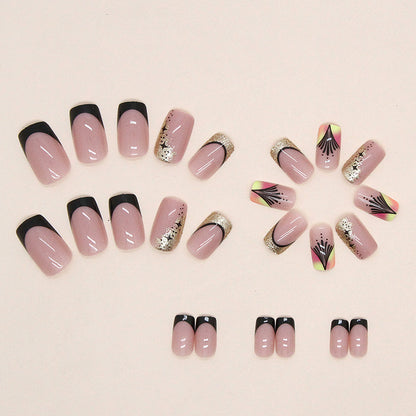 Sunset Glam Square Press On Nails – 24 Piece Black French Tip & Gold Glitter Nail Set