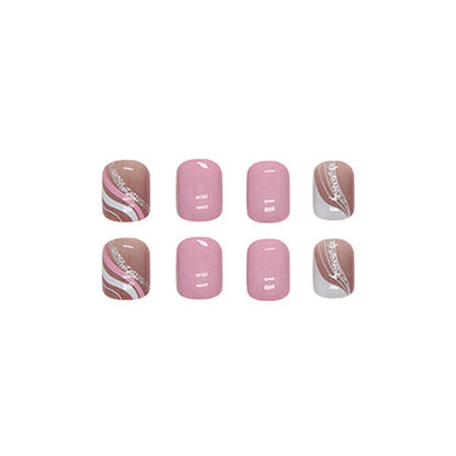 Short Square Press-On Nail Set – Pink Marble Swirl with Rose Gold Glitter Accent | Glossy Reusable False Nails (Set of 24-Piece)