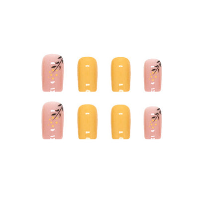 Sunny Blossom Square Press On Nails – 24 Piece Yellow & Pink Floral Accent Set