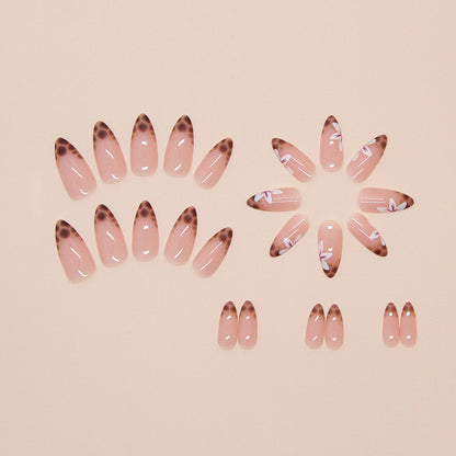 Mocha Blossom Almond Press On Nails – 24 Piece Brown Tortoiseshell French Tip Set