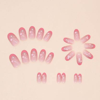 24-Piece Pink Glitter Heart Press-On Nails – Glossy Almond False Nails with Sparkle Ombre Design | Reusable Stick-On Nail Set