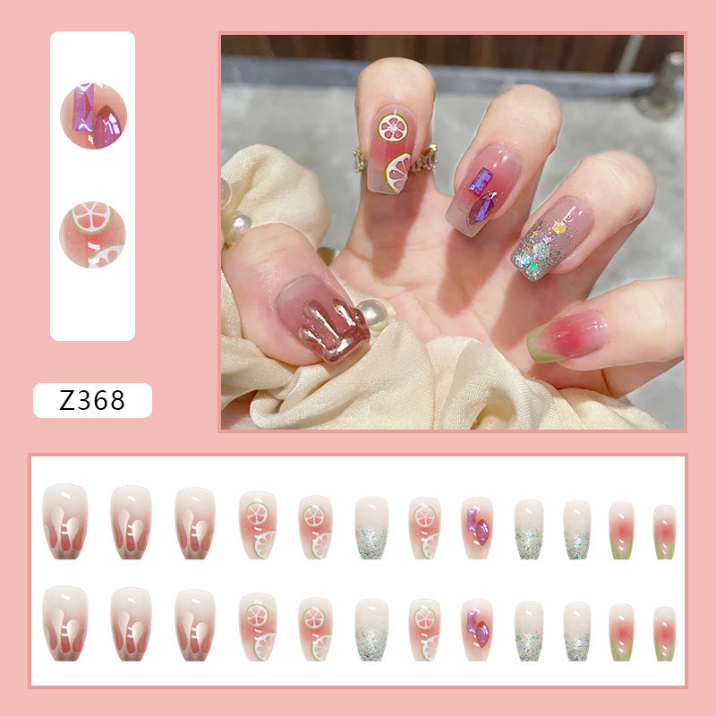Mixed Design with Citrus Art, Glitter, and Holographic Elements, Long Square Style, Artificial Press-On Nails