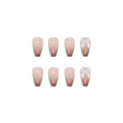 Nude Glitter French Tip Coffin Press-On Nails – 3D White Bow Glossy Nail Set (Set of 12)