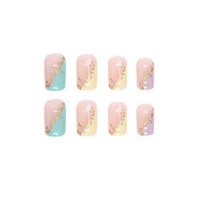 Square Press-On Nail Set – Pastel Pink Gradient with Gold Foil & Butterfly Accents | Glossy Reusable False Nails (Set of 24)