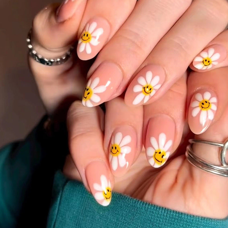 Happy Daisy Floral, Almond Shape, Pink Base with White Flowers, 24 Pieces, Press-On Nails