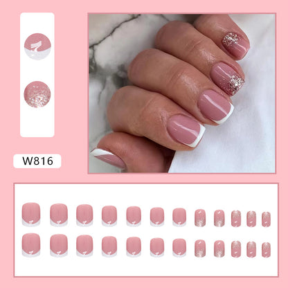 Short Square Press-On Nail Set – Classic French Tips with Rose Gold Glitter Accent | Glossy Reusable False Nails (Set of 24 Pieces)