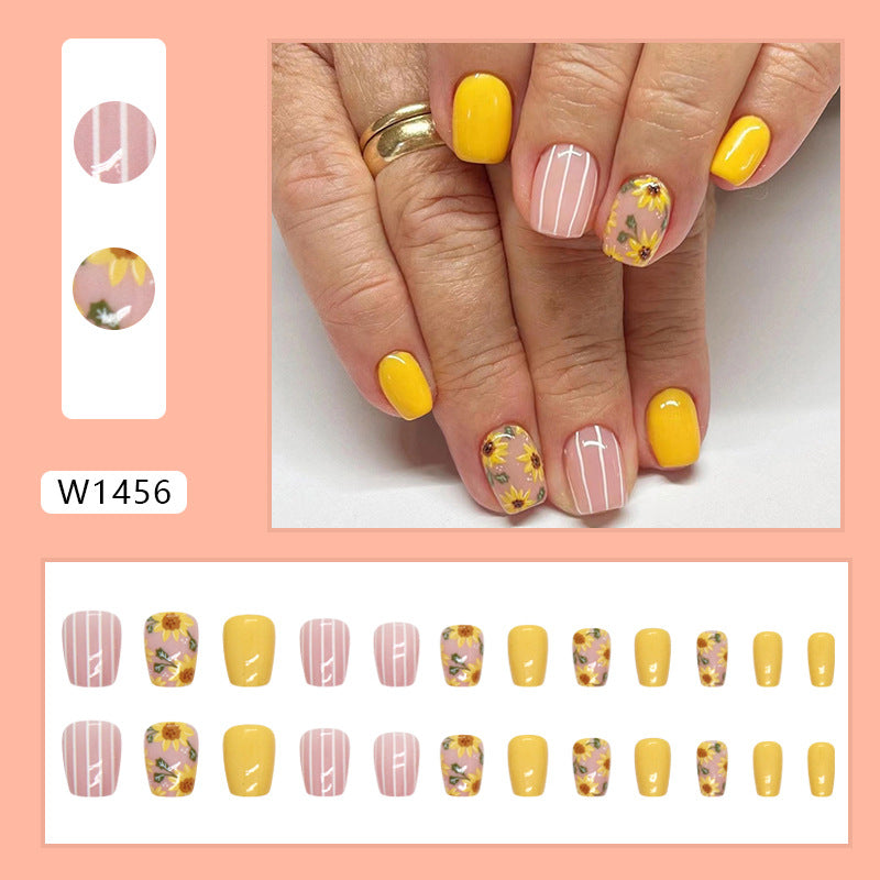 Summer Floral Nail Art Design, Yellow and Pink Manicure Set with Sunflower Pattern, Striped Accent, Press on Nails