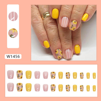 Sunny Yellow Sunflower Square Press-On Nails – Glossy Floral Short Nail Set (Set of 24)