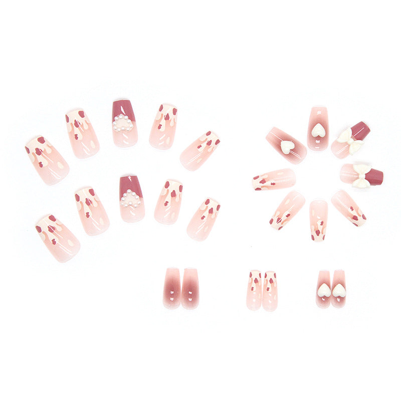 Pink with White Heart and Bow Design, Pearl Embellishments, Press on Nails