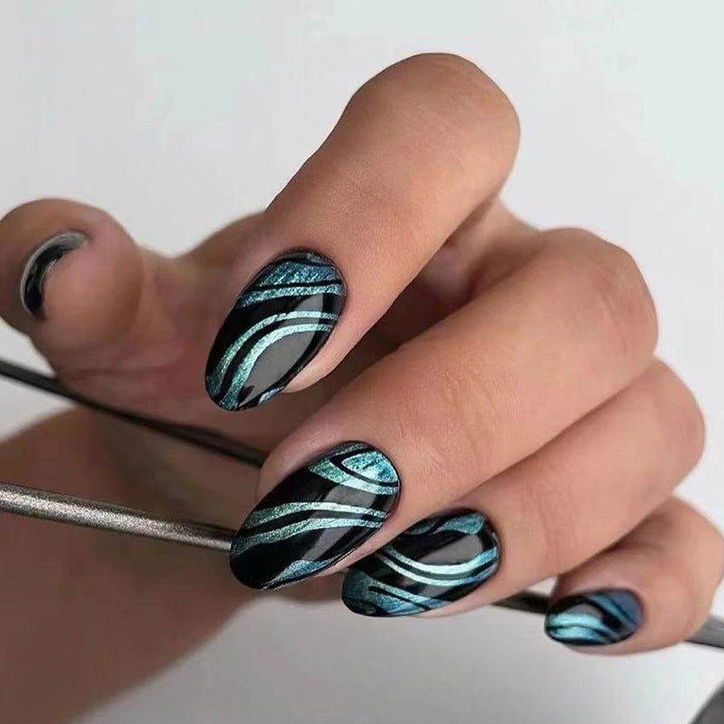 Metallic Wave Design, Black and Turquoise, Almond Shape, Press-On Nails