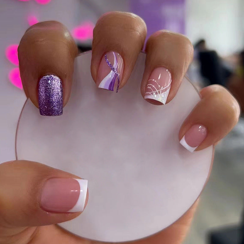 Purple Glitter and French Tips, Mixed Design with White Accents, Press on Nails
