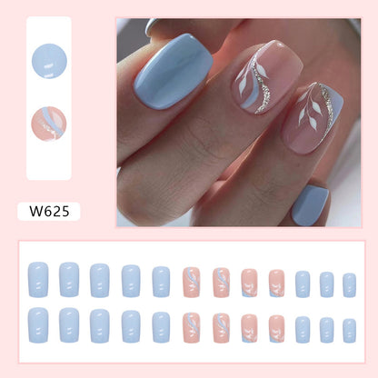 Sky Blossom Square Press On Nails – 24 Piece Blue & Pink Floral Glitter Set
