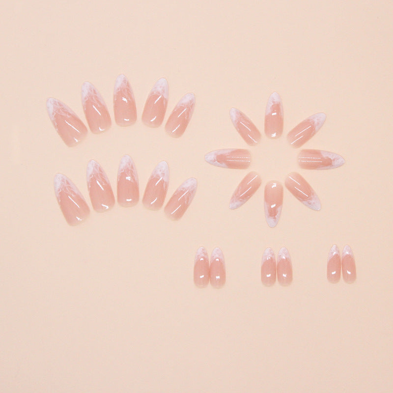 Marble Effect French Manicure, Almond Shape, White Swirl Design, Press-on Nails