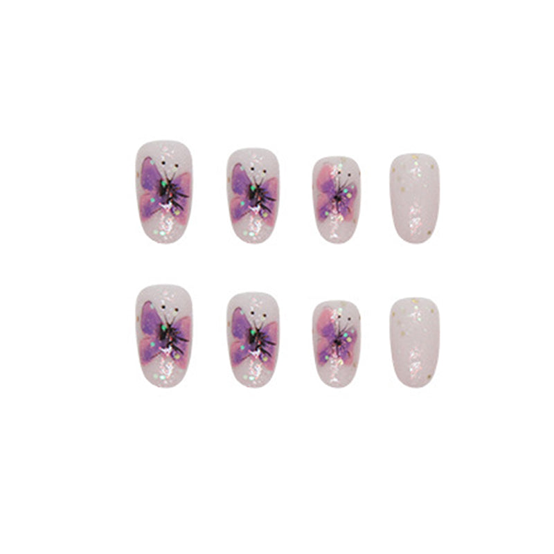 Butterfly Nail Art Design, Purple Watercolor Pattern, White Base with Glitter Accents, Press on Nails