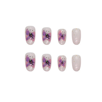 Lavender Butterfly Almond Press-On Nails – Glossy Iridescent Floral Nail Set (Set of 24)