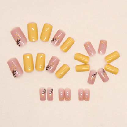 Sunny Blossom Square Press On Nails – 24 Piece Yellow & Pink Floral Accent Set