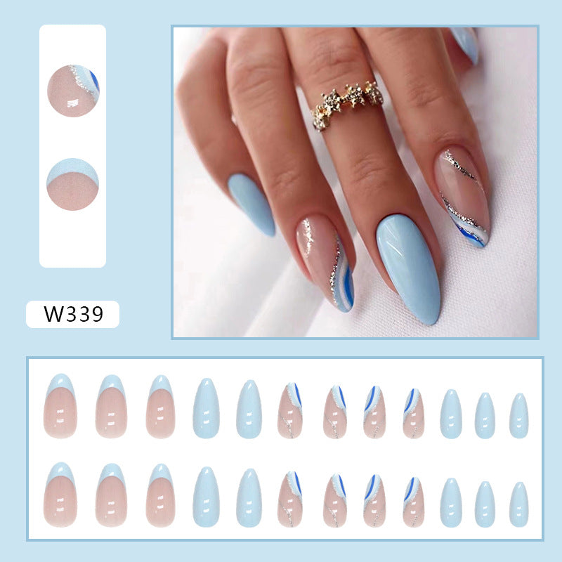 Light Blue and Beige French Tips, Stiletto Shape, 24 Pieces, Artificial Press-On Nails