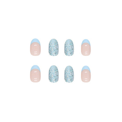 French Manicure Style Nails with Blue Tips and Glitter Accent, Press-On Nails (Set of 24)