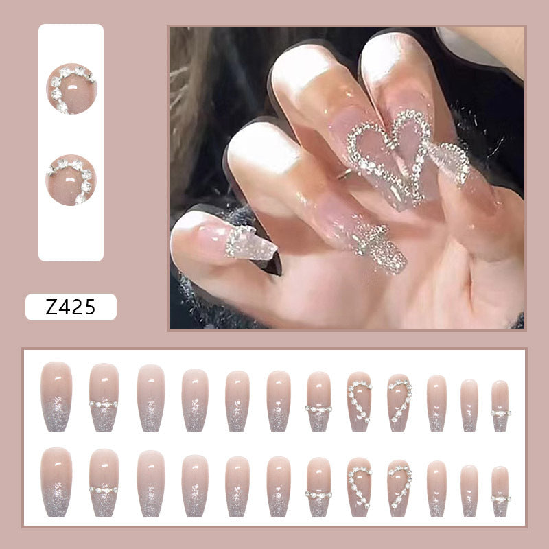 Glitter Heart Design, Crystal Clear French Tips, Long Length, Press-On Nails