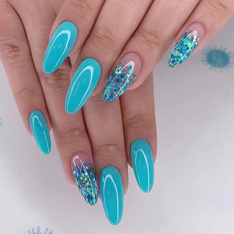 Turquoise Blue Almond Shaped with Glitter Accent, Long Length, Press-On Nails