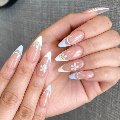 Sky Blue Daisy French Tip Press-On Nails – 24 Piece Glossy Stiletto Nail Set