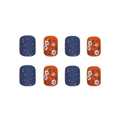 Matte Blue & Orange Floral Square Press-On Nails – Retro Daisy Nail Set (Set of 24)