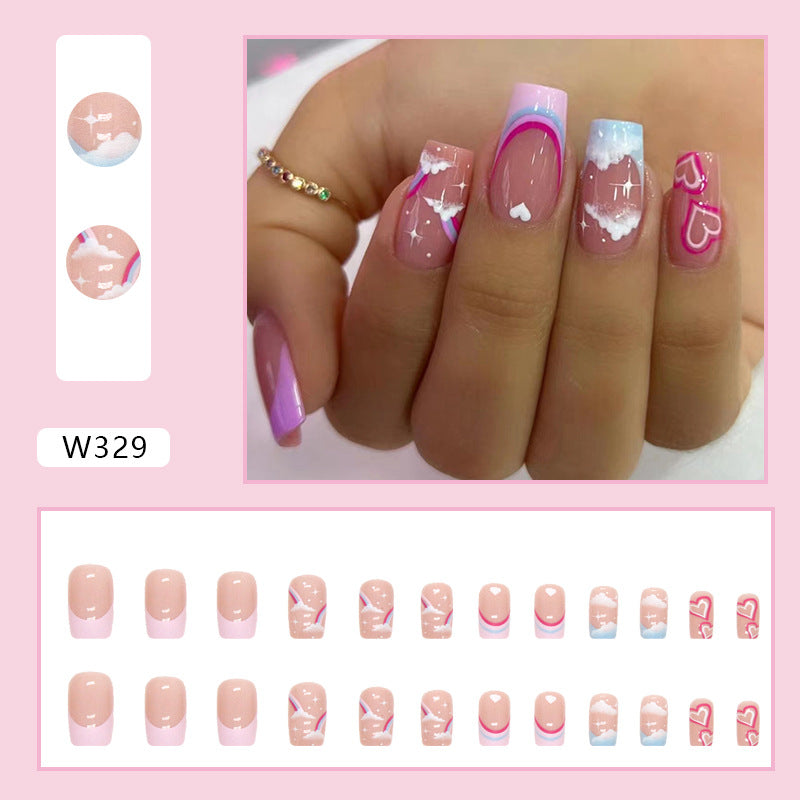 Pink Cloud Heart Press-On Nails with French Tips | 24-Piece Reusable Glossy Nail Set