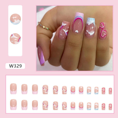 Pink Cloud Heart Press-On Nails with French Tips | 24-Piece Reusable Glossy Nail Set