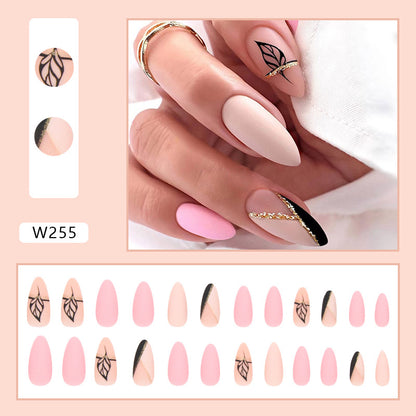 Blush Luxe Almond Press-On Nails – 24 Piece Matte Nude & Gold Nail Set