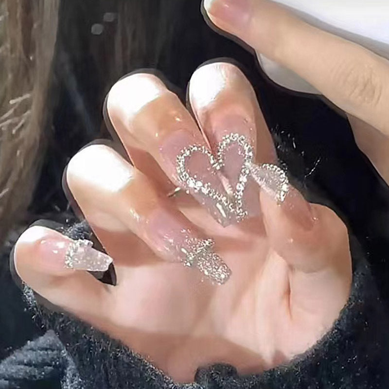 Glitter Heart Design, Crystal Clear French Tips, Long Length, Press-On Nails