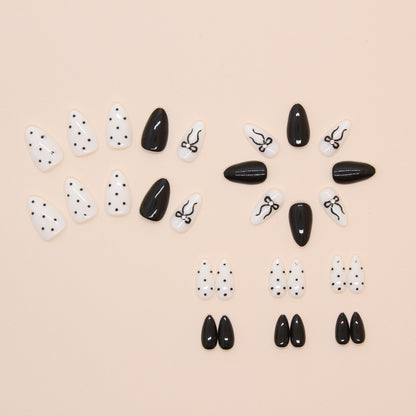 Black & White Bow Almond Press-On Nails – Elegant Monochrome Nail Set (Set of 12)
