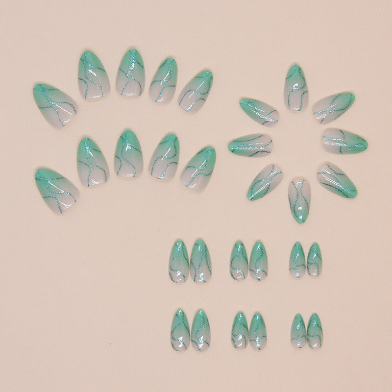 Mint Green Ombre with Silver Glitter Design, 24 Pieces, Artificial Press-On Nails