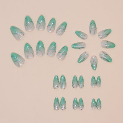 24-Piece Green Swirl Almond Press-On Nails – Glossy Nude French False Nails with Abstract Wave Design | Reusable Stick-On Nail Set